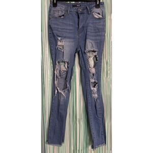 Fashion Nova Light Wash Skinny Jeans, Super Distressed, Large Holes, Juniors 7